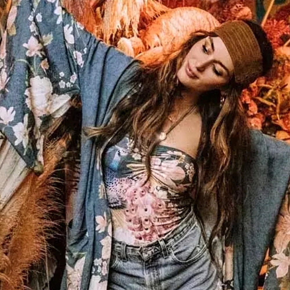 New Boho Vintage Floral Peacock Kimono Maxi Duster Jacket Robe Gray Blue